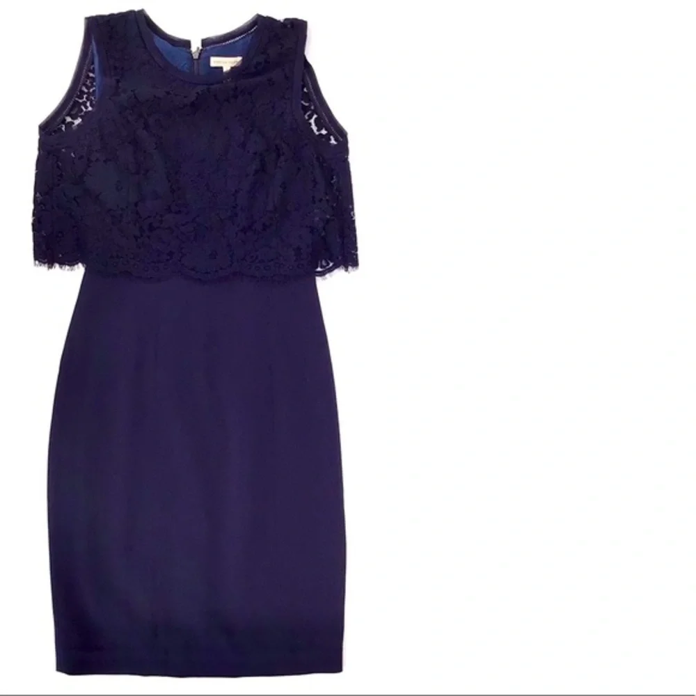 Rebecca Taylor Blue Refined Suiting Dress W/ Lace Size 4 - Picture 2 of 11